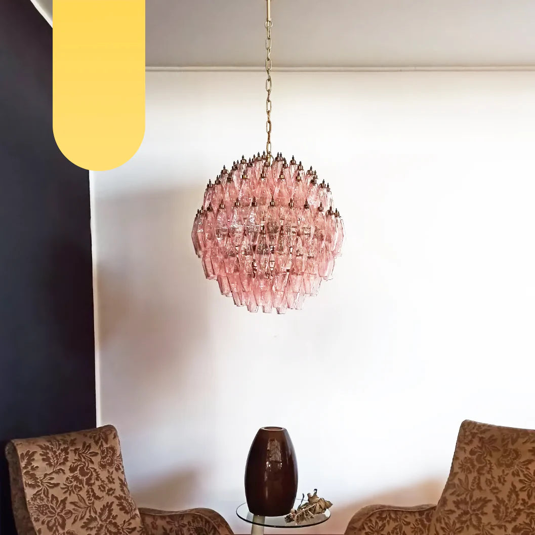 Spherical Murano Poliedri Pink Glass Chandelier - Nuvé
