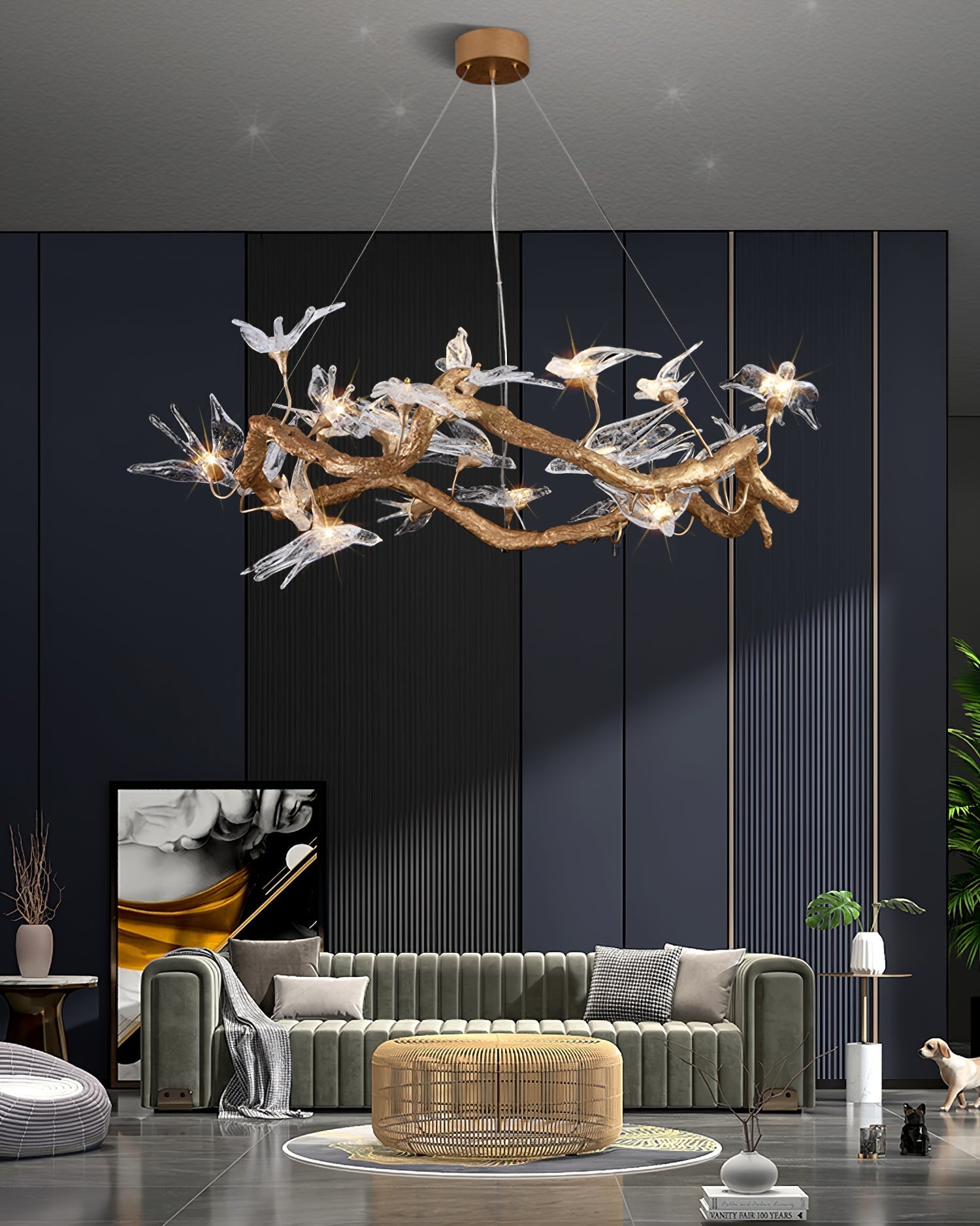 Elegant glass swallow chandelier by korewolamp featuring delicate glass bird shapes hanging from a sleek frame.