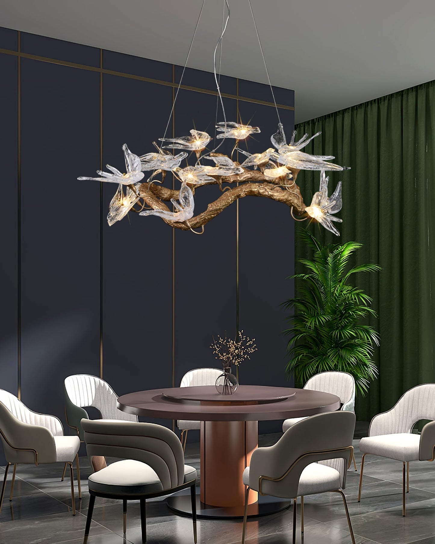 Korewolamp glass swallow chandelier with delicate glass bird sculptures hanging from a sleek metal frame.