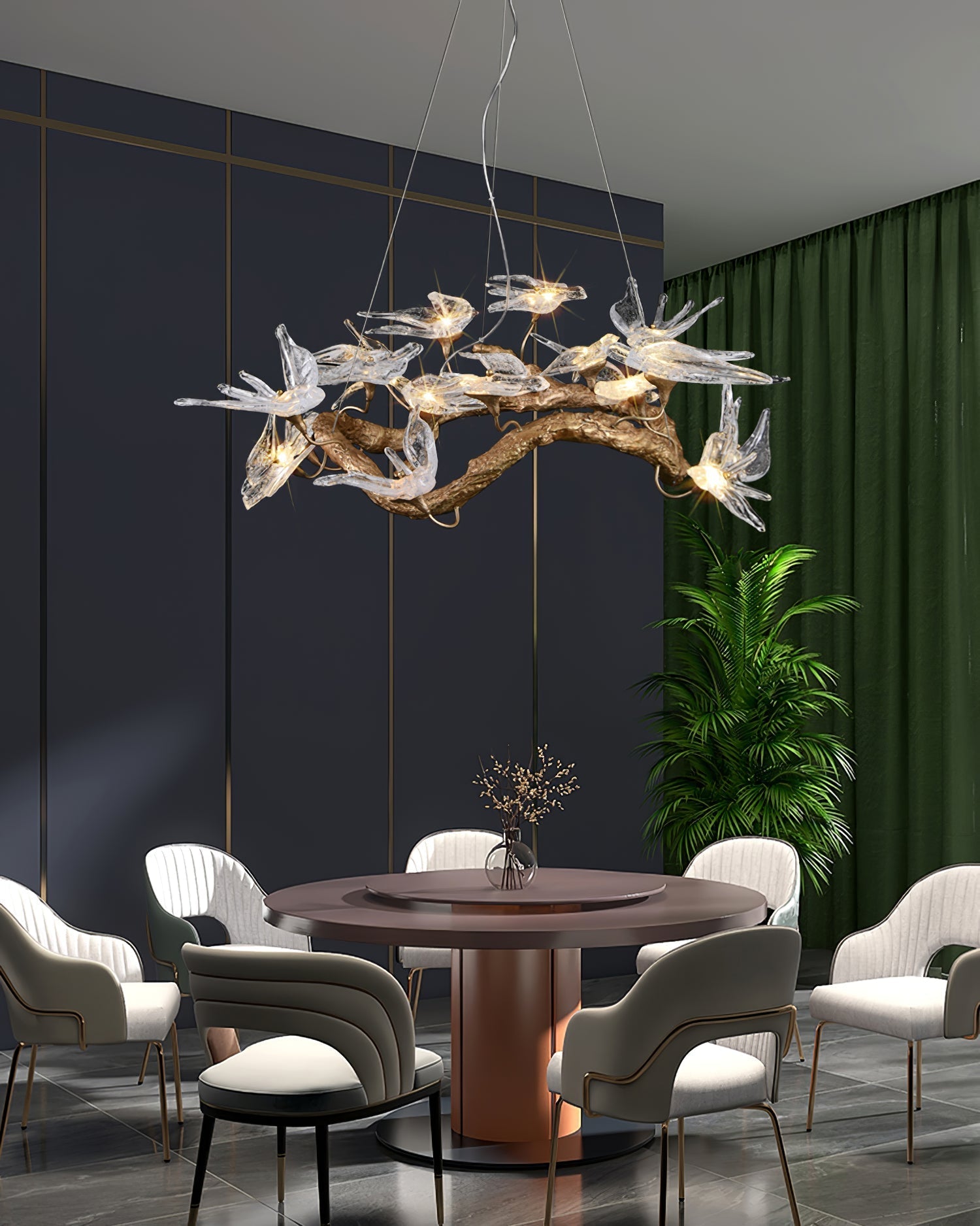 Korewolamp glass swallow chandelier with delicate glass bird sculptures hanging from a sleek metal frame.