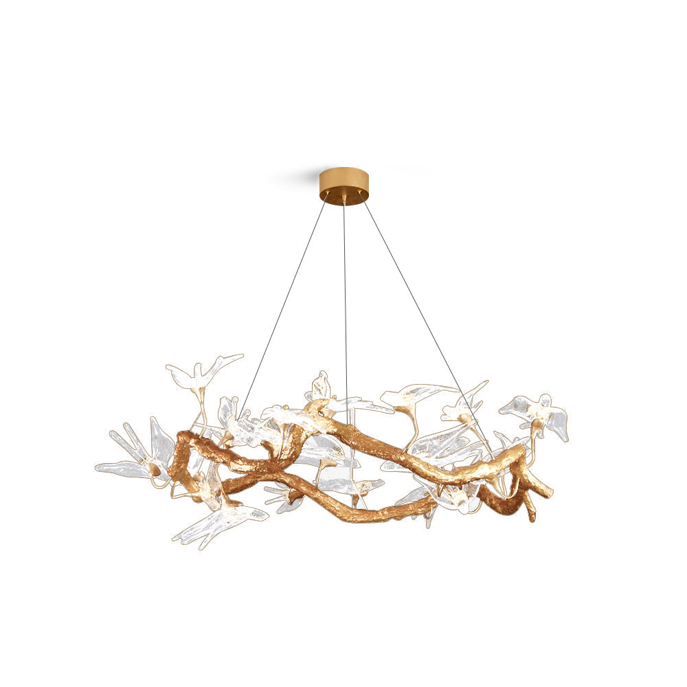 Korewolamp glass swallow chandelier with delicate glass bird figures hanging from a sleek metal frame.