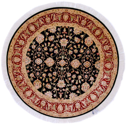 Indo-Persian Wool & Silk blk/dkred 4' round - Nuvé
