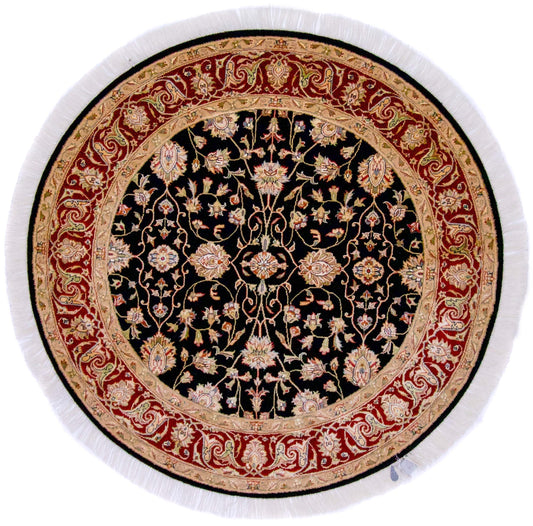 Indo-Persian Wool & Silk blk/dkred 4' round - Nuvé