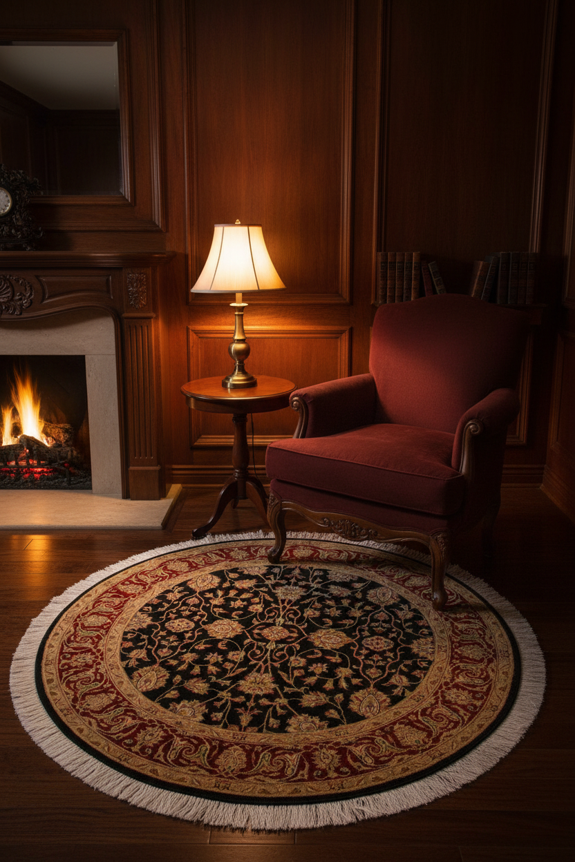 Indo-Tabriz Wool & Silk blk/dkred 4' round