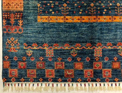 Blue Gabbeh or Khorjin rug from Kirishian Rugs, 4x6 feet, showcasing intricate traditional patterns and vibrant colors.