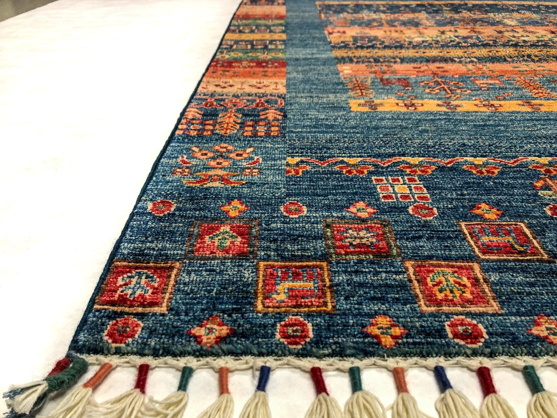 Kirishian Rugs Gabbeh/Khorjin 4x6 blue handwoven rug with intricate geometric patterns, closeout style, detailed craftsmanship.