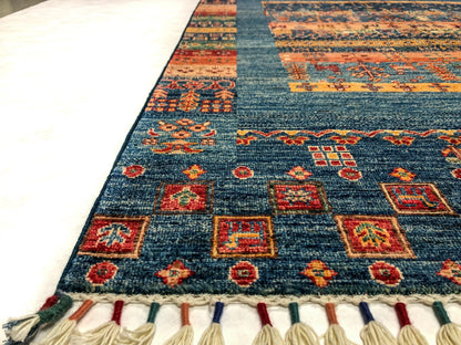 Kirishian Rugs Gabbeh/Khorjin 4x6 blue handwoven rug with intricate geometric patterns, closeout style, detailed craftsmanship.