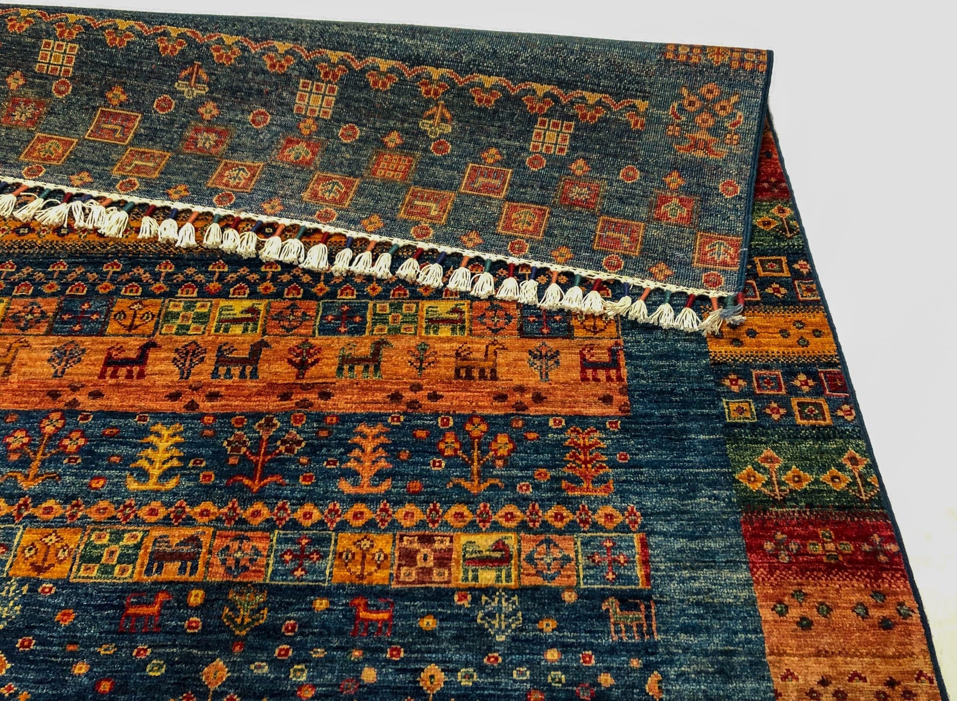 Blue Gabbeh or Khorjin rug by Kirishian Rugs, closeout 4x6 size, featuring intricate traditional patterns and vibrant colors.