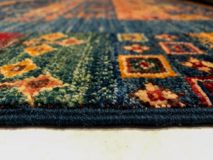 Kirishian Rugs Gabbeh or Khorjin 4x6 blue wool rug with intricate traditional patterns, closeout image showing detailed textile design