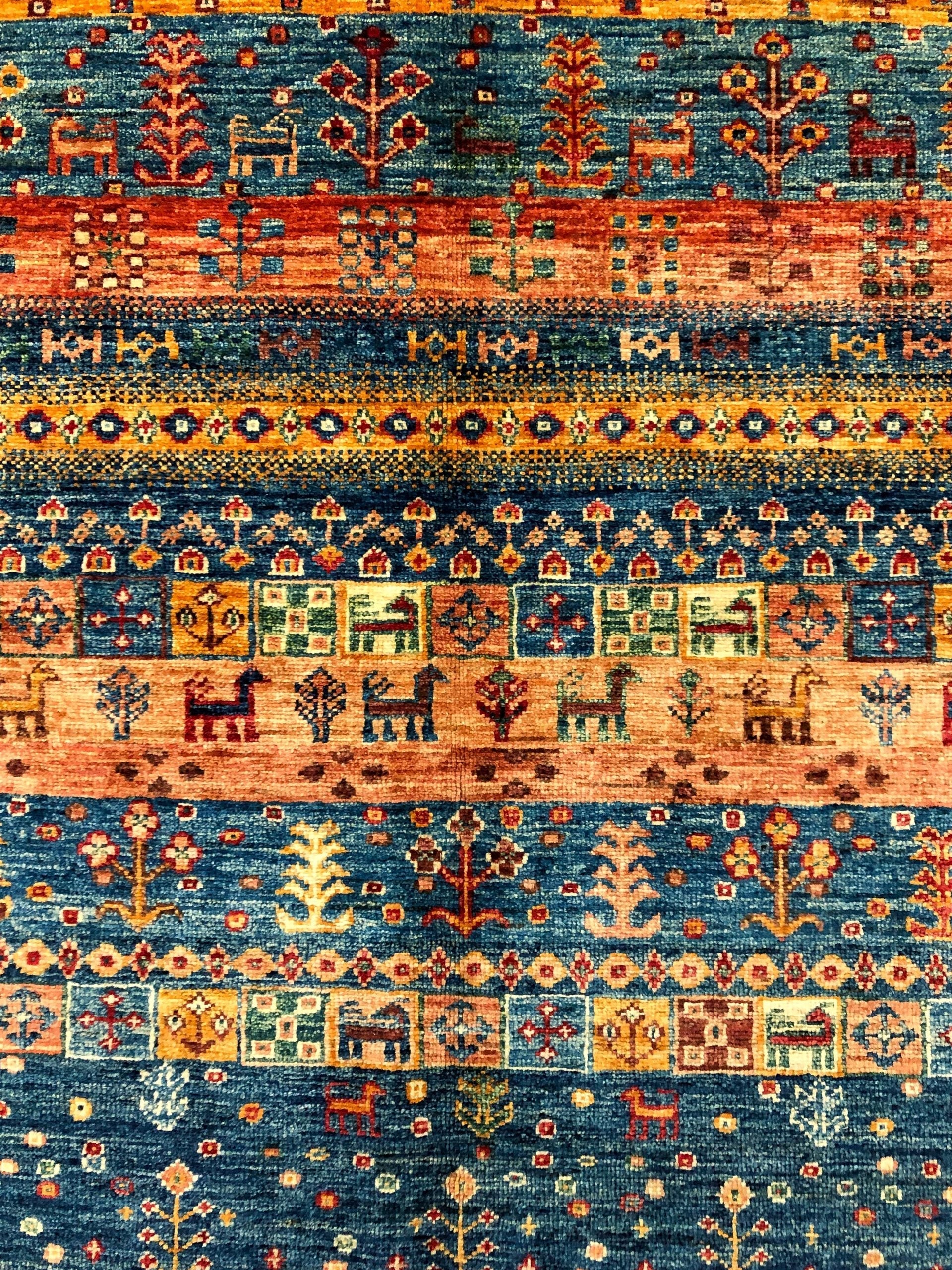 Kirishian Rugs blue Gabbeh Khorjin 4x6 rug with intricate geometric patterns, closeout style, woven texture visible in the image.