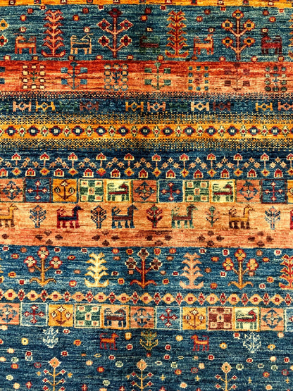 Kirishian Rugs blue Gabbeh Khorjin 4x6 rug with intricate geometric patterns, closeout style, woven texture visible in the image.