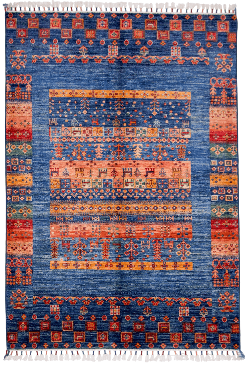 Kirishian Rugs blue Gabbeh/Khorjin 4x6 closeout rug featuring traditional woven pattern and vibrant blue color.