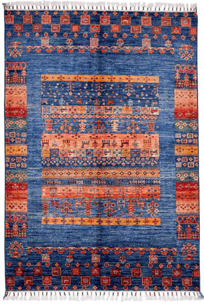 Kirishian Rugs blue Gabbeh/Khorjin 4x6 closeout rug featuring traditional woven pattern and vibrant blue color.