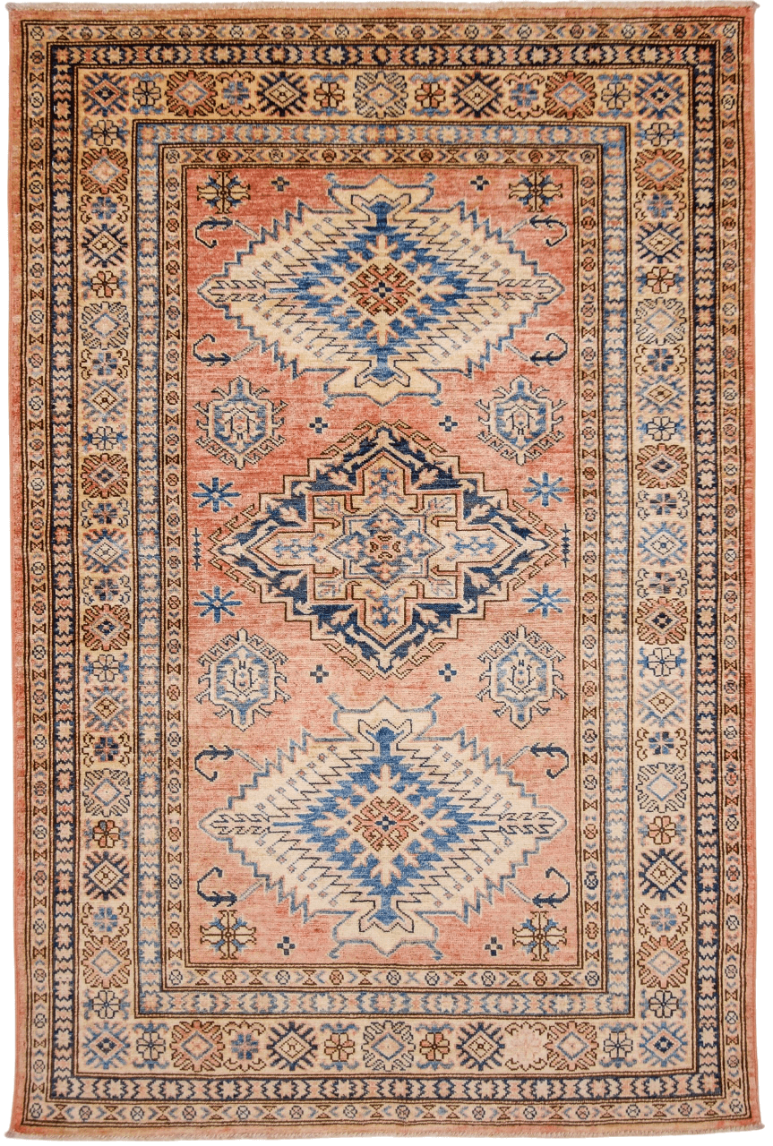 Kirishian Rugs Super Kazak 4x6 ivory and cream area rug with traditional geometric pattern on a neutral background