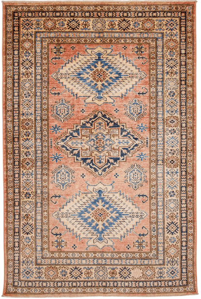 Kirishian Rugs Super Kazak 4x6 ivory and cream area rug with traditional geometric pattern on a neutral background