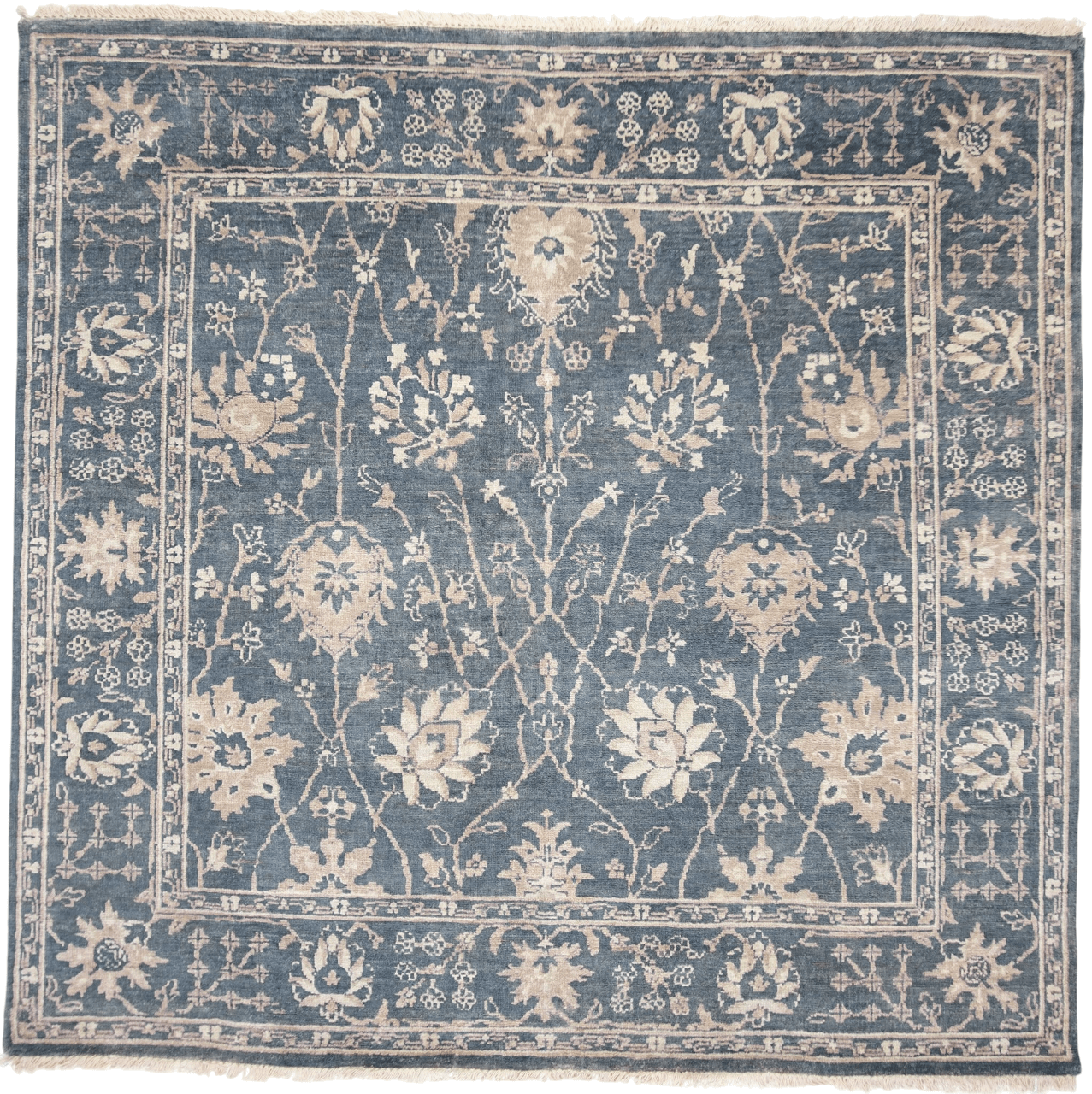 Blue Indo-Oushak design rug by Kirishian Rugs, 6-foot square closeout with intricate patterns and soft texture.