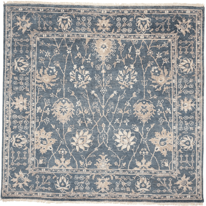 Blue Indo-Oushak design rug by Kirishian Rugs, 6-foot square closeout with intricate patterns and soft texture.