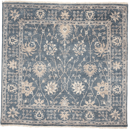 Blue Indo-Oushak design rug by Kirishian Rugs, 6-foot square closeout with intricate patterns and soft texture.