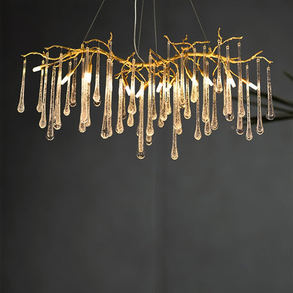 Korewolamp Aqua Makrama chandelier with long teardrop-shaped design hanging from a ceiling fixture.