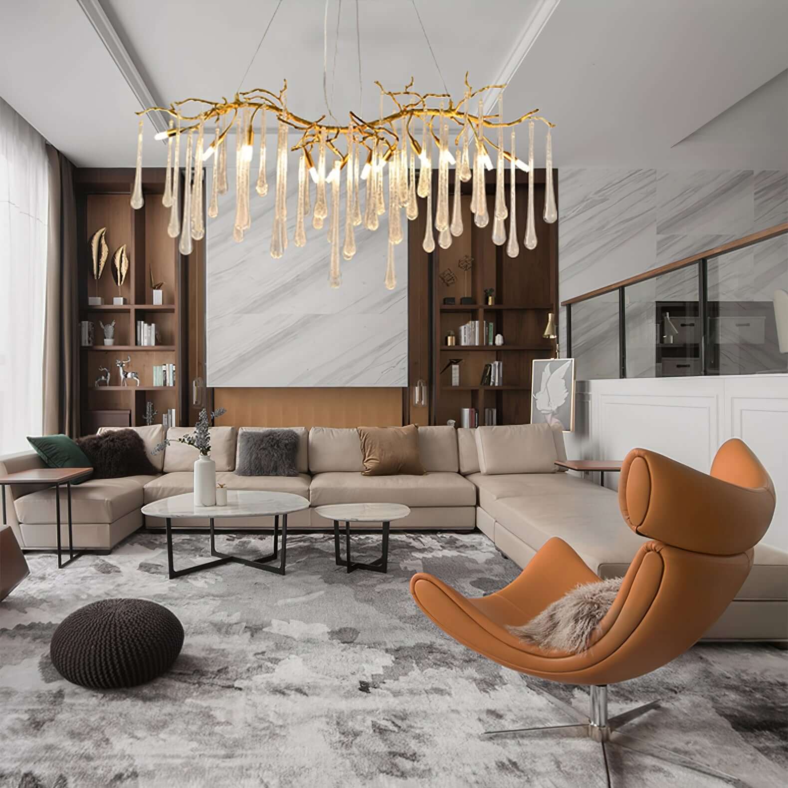 Korewolamp Aqua Makrama chandelier with long teardrop-shaped design and intricate macrame details hanging from a ceiling mount.