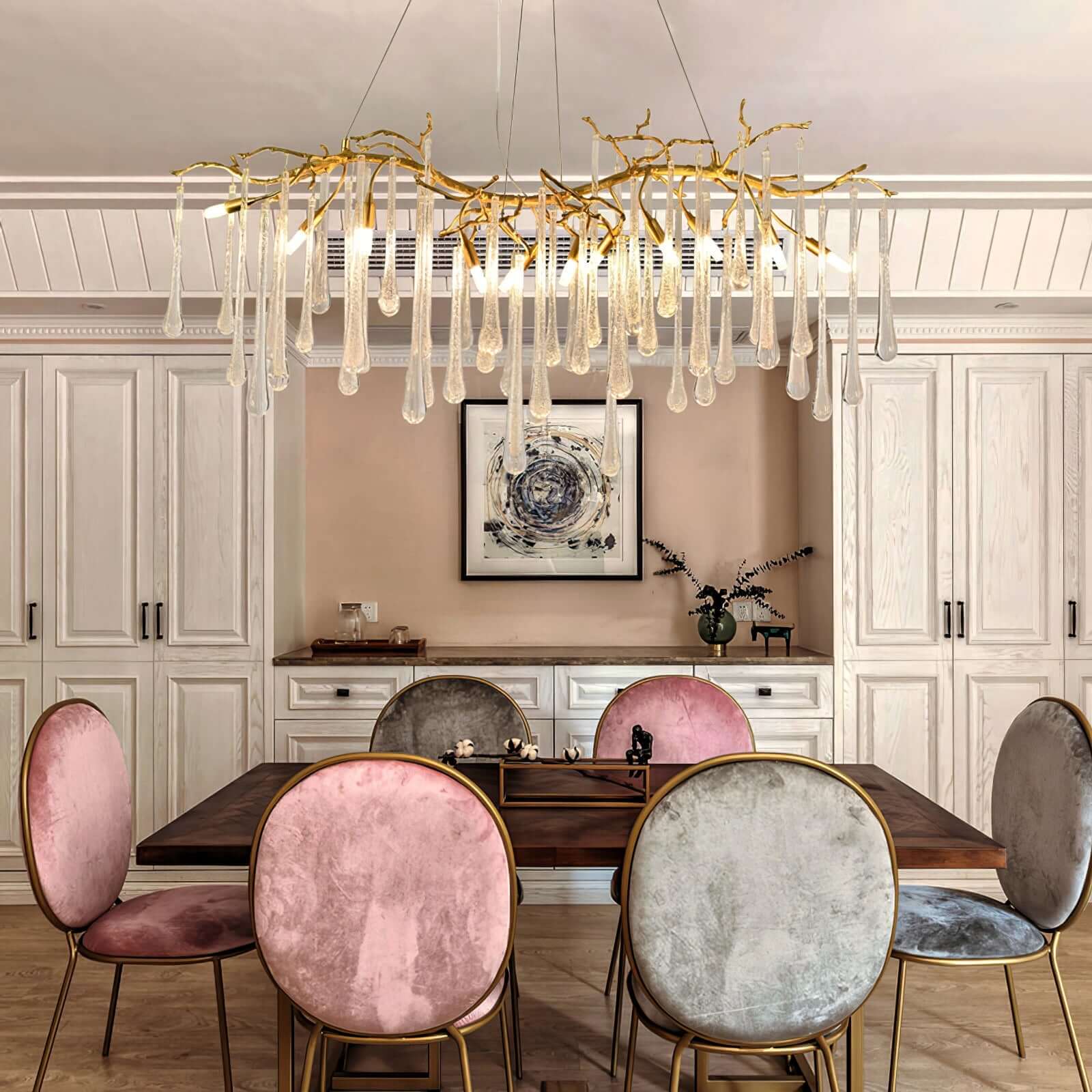 Korewolamp Aqua Makrama chandelier with elongated teardrop design, featuring intricate bamboo or rattan detailing.