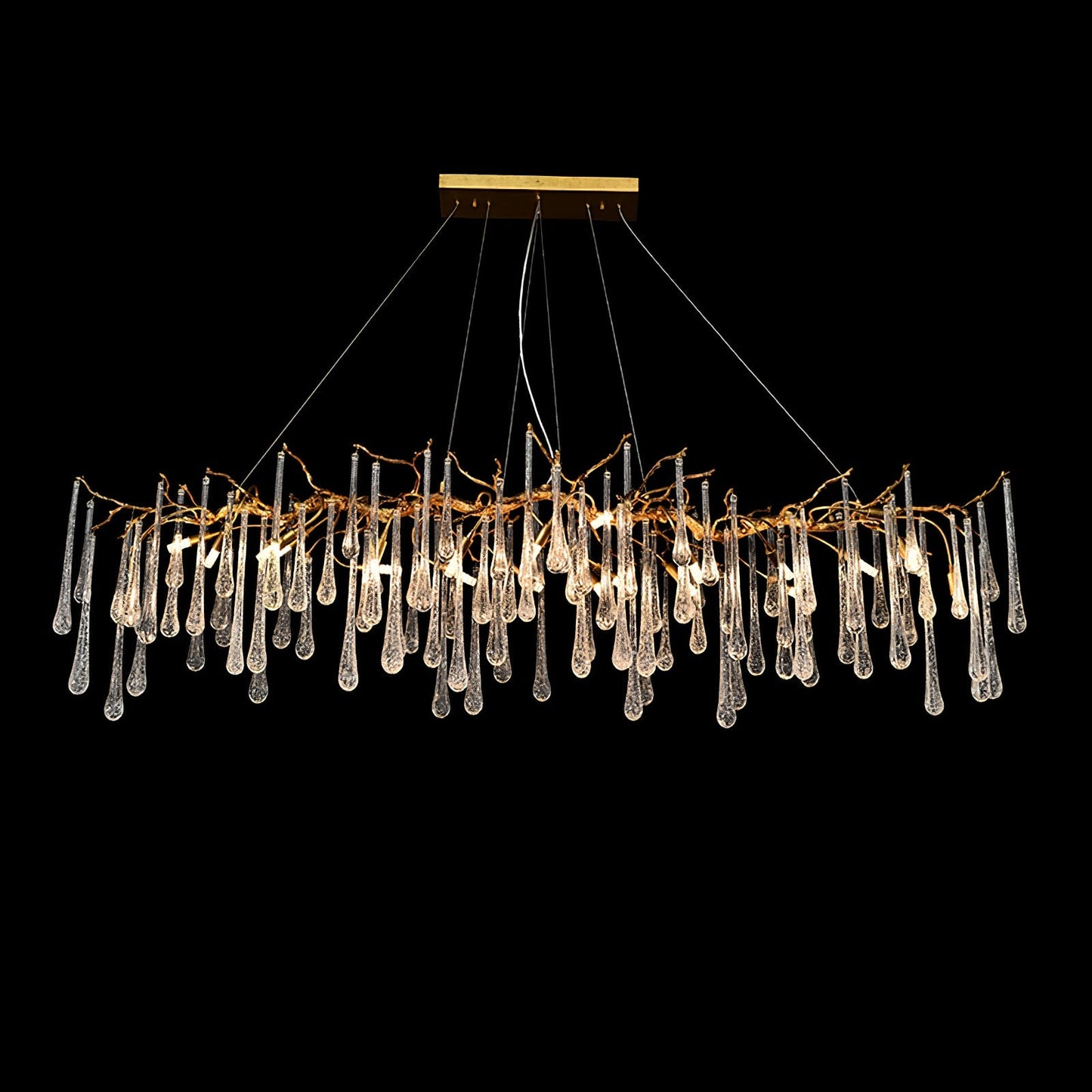 Korewolamp Aqua Makrama chandelier with elongated teardrop design, featuring intricate macrame details and hanging elements.
