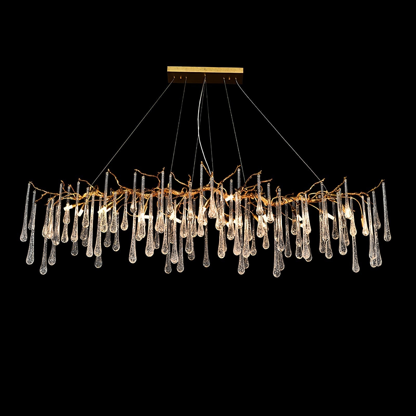 Korewolamp Aqua Makrama chandelier with elongated teardrop design, featuring intricate macrame details and hanging elements.