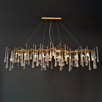 Korewolamp Aqua Makrama chandelier with long teardrop-shaped design, featuring intricate macrame details and hanging teardrop elements.