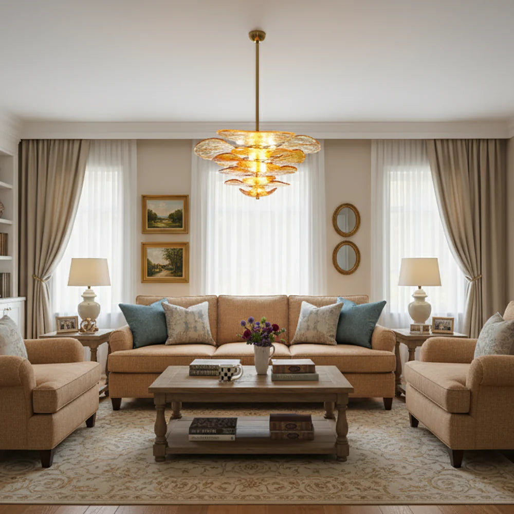 Leaf-Shaped Amber Textured Glass Chandelier - Nuvé