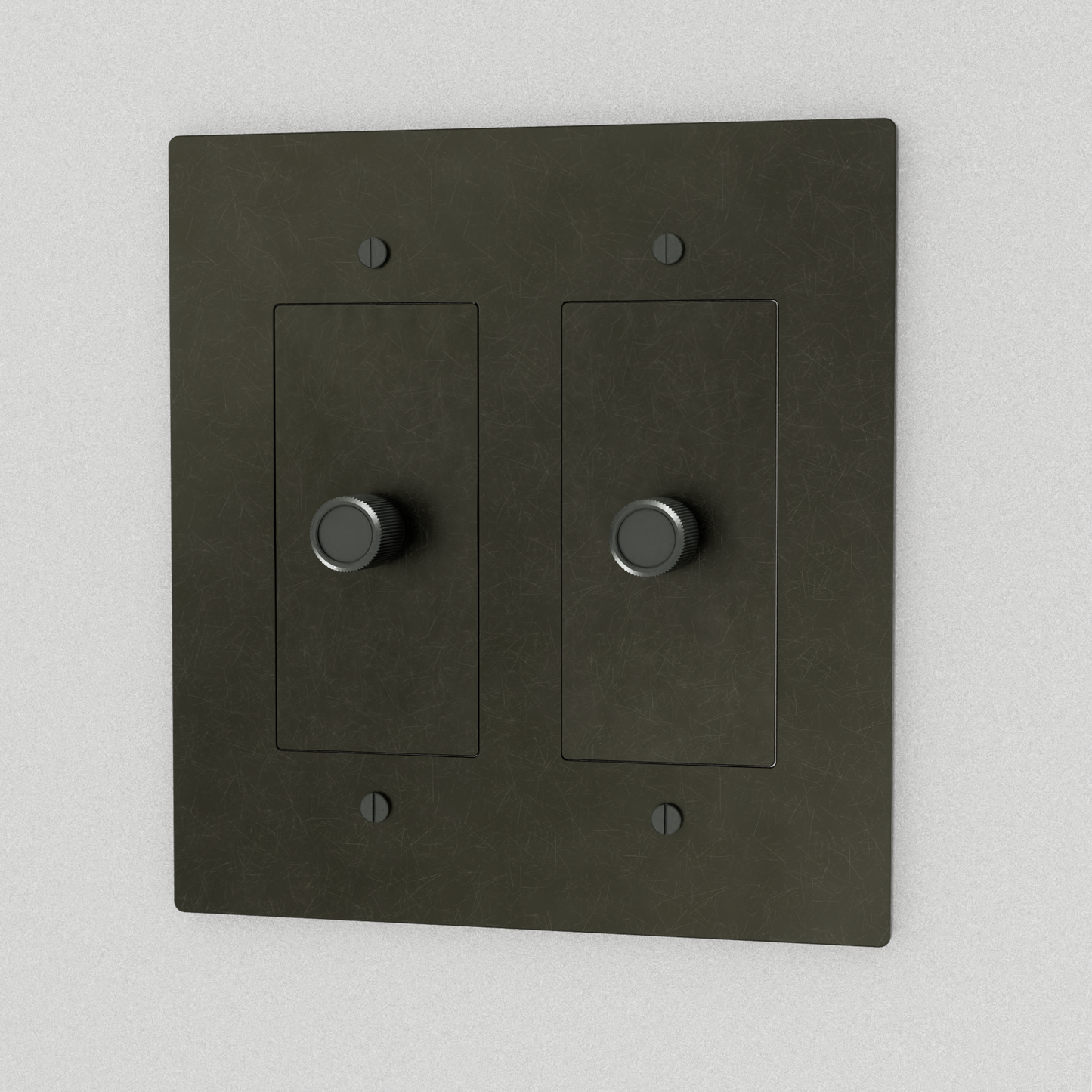 Bronze brass 3-way rotary dimmer switch by Residence Supply, 2-gang with patina finish and rotary control knobs.