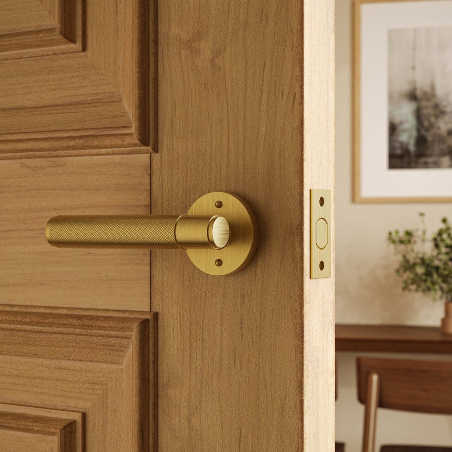 Brass door handle with a polished finish, designed for residential interior doors, from Residence Supply.