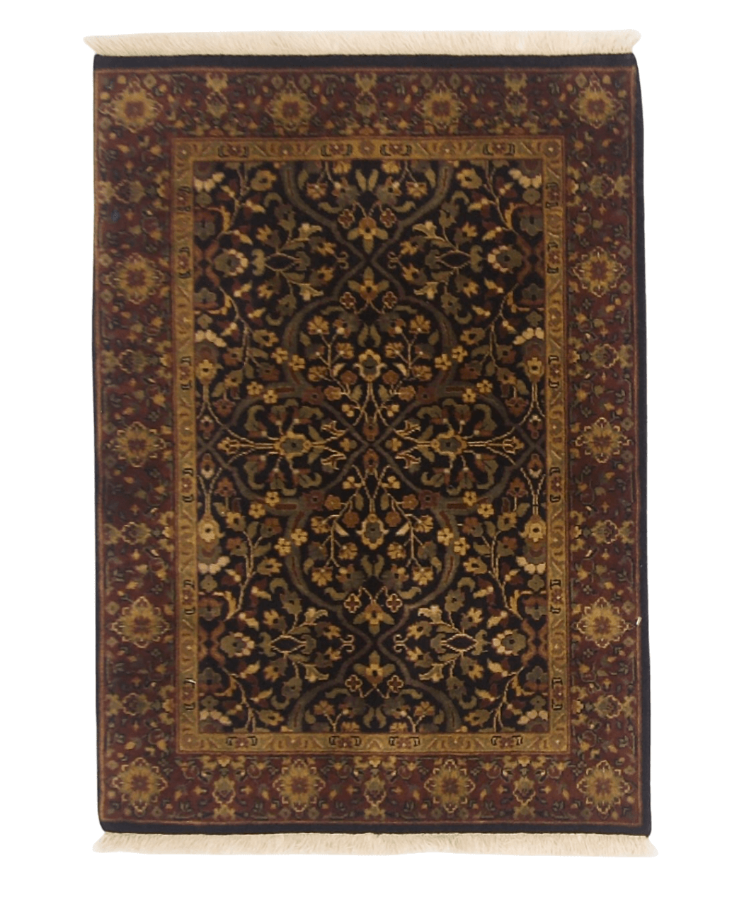 Kirishian Rugs IndoFarahan black and rust 2x3 woven rug with intricate geometric patterns, ideal for modern and traditional decor.