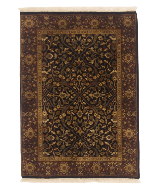 Kirishian Rugs IndoFarahan black and rust 2x3 woven rug with intricate geometric patterns, ideal for modern and traditional decor.