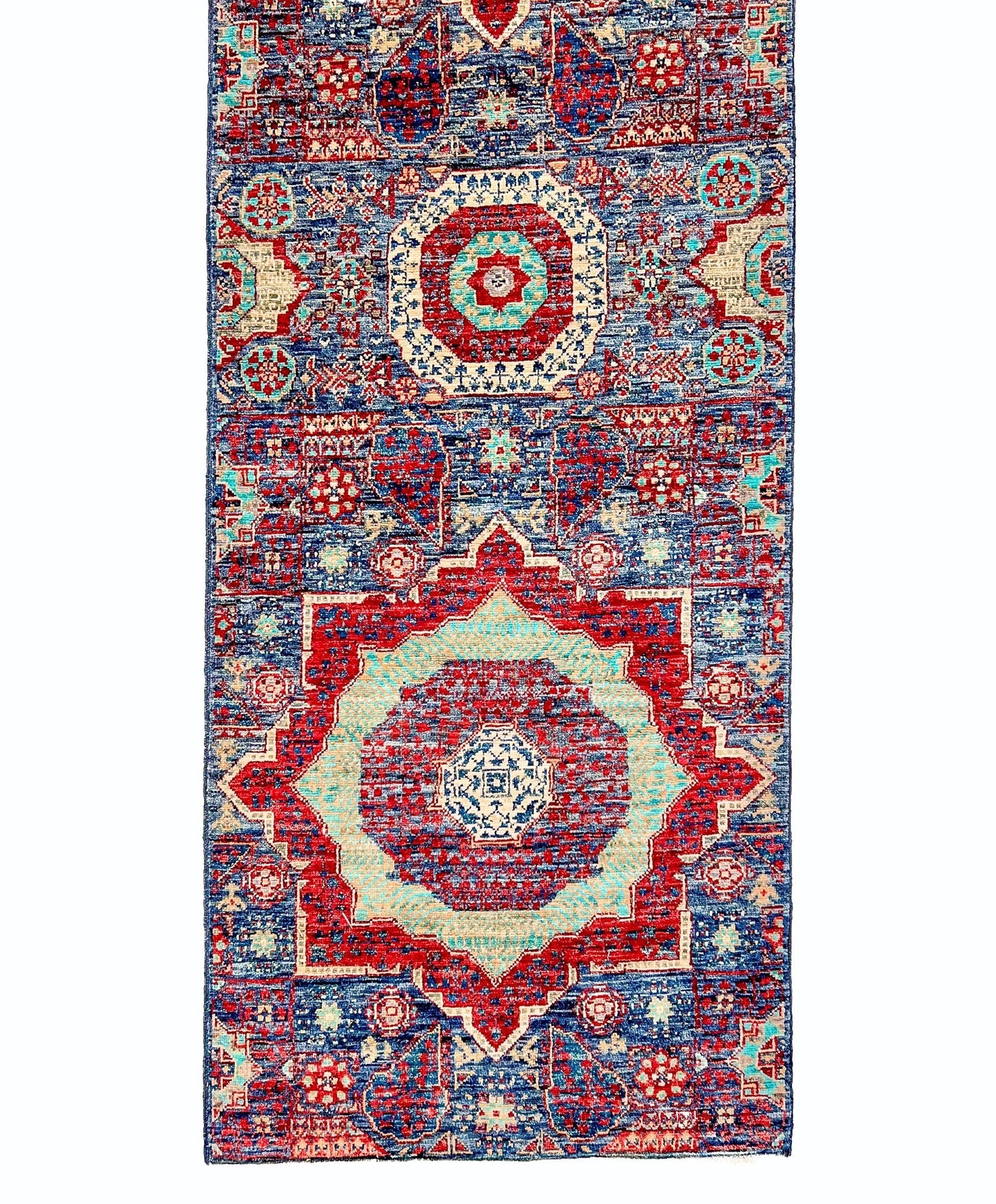 Afghan-made Mamluk 12-foot runner rug by OneKind from Kirishian Rugs, showcasing intricate traditional patterns and vibrant colors.