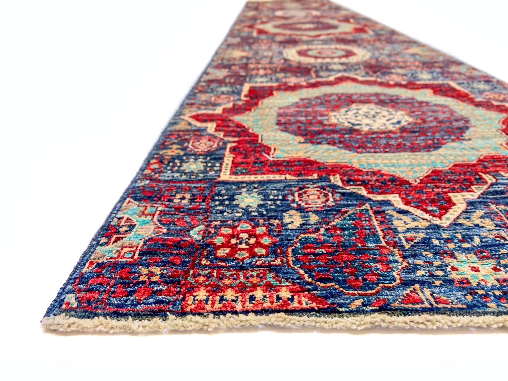 Afghan-made Mamluk 12-foot runner rug by OneKind from Kirishian Rugs, featuring intricate traditional geometric patterns.