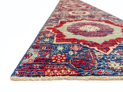 Afghan-made Mamluk 12-foot runner rug by OneKind from Kirishian Rugs, featuring intricate traditional geometric patterns.