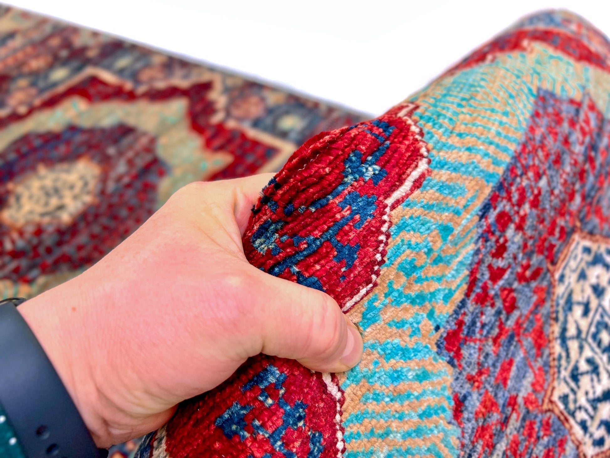 Afghan-made Mamluk 12-foot runner rug by OneKind from Kirishian Rugs, featuring intricate traditional patterns and rich colors.