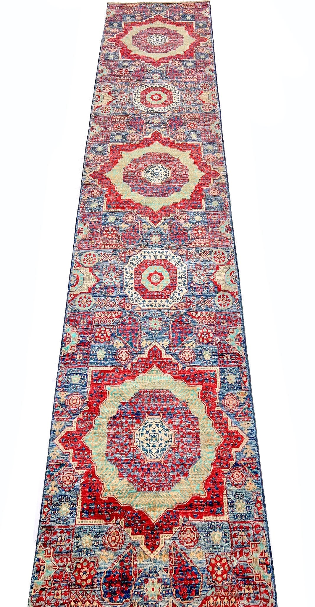 Afghan-made Mamluk 12-foot runner rug by Kirishian Rugs, intricate geometric patterns in rich colors, traditional handmade design.