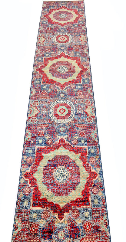 Afghan-made Mamluk 12-foot runner rug by Kirishian Rugs, intricate geometric patterns in rich colors, traditional handmade design.