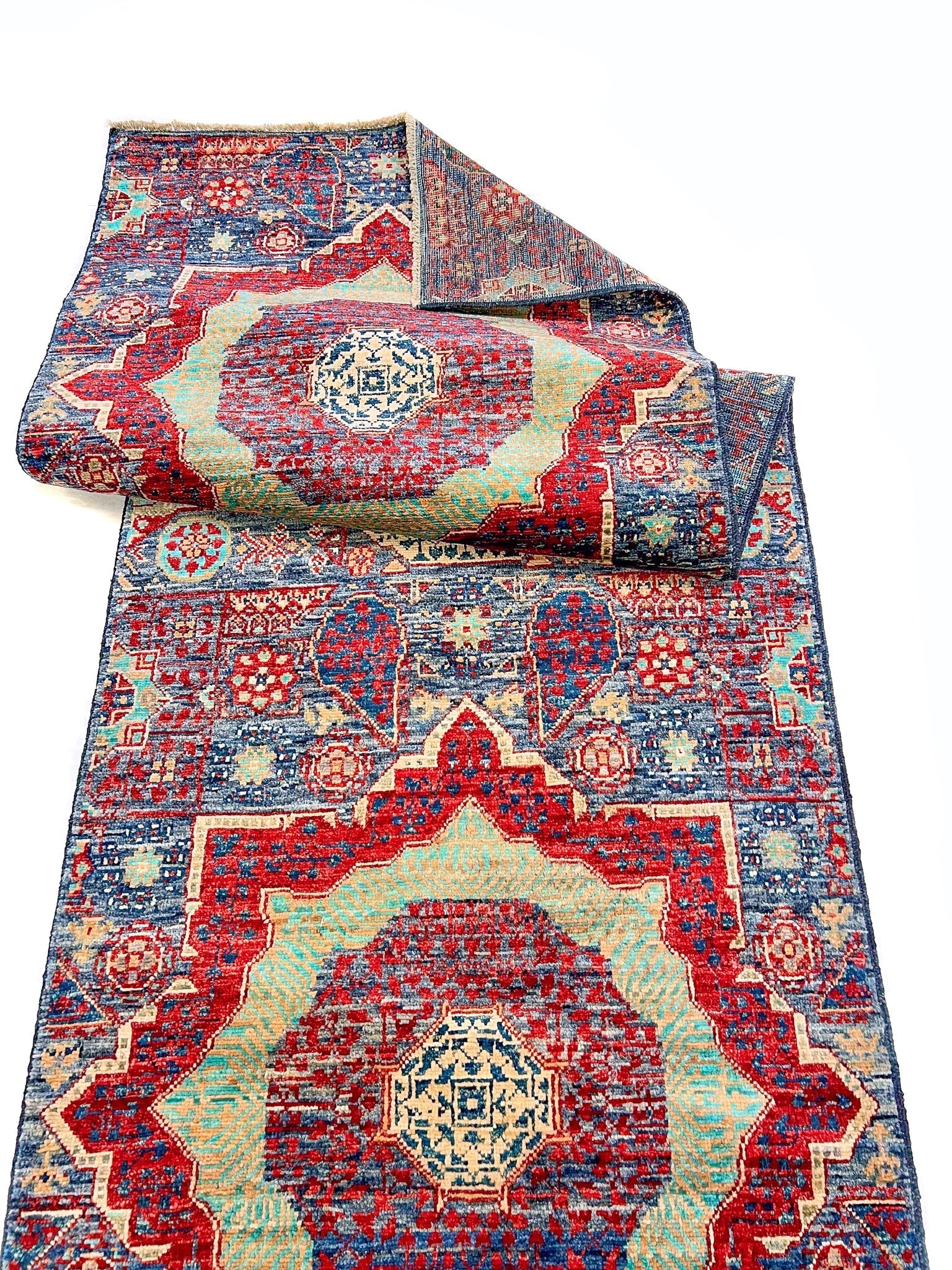 Afghan-made Mamluk 12-foot runner rug by OneKind from Kirishian Rugs, featuring intricate traditional geometric patterns.