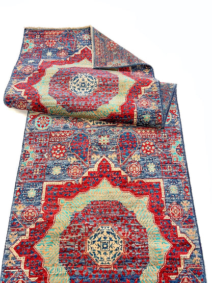 Afghan-made Mamluk 12-foot runner rug by OneKind from Kirishian Rugs, featuring intricate traditional geometric patterns.