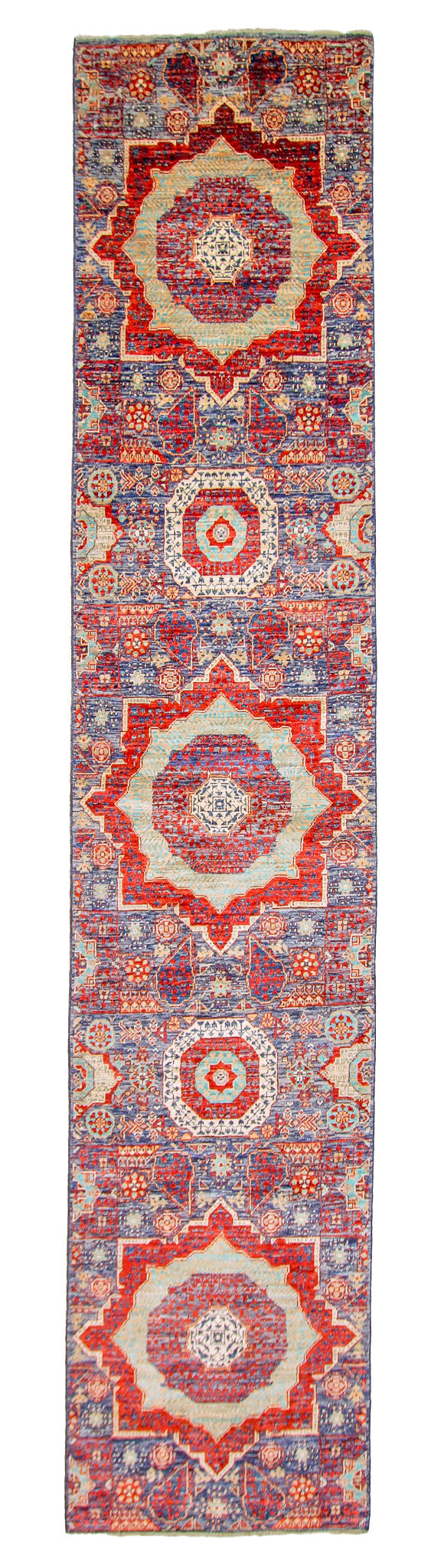 Afghan-made Mamluk 12-foot runner rug by Kirishian Rugs with intricate patterns and vibrant colors, showcasing traditional craftsmanship.