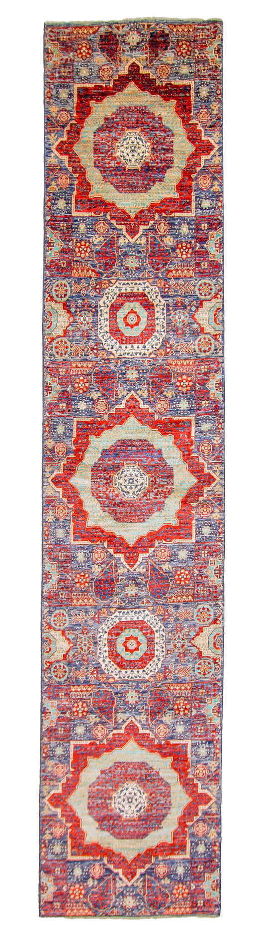 Afghan-made Mamluk 12-foot runner rug by Kirishian Rugs with intricate patterns and vibrant colors, showcasing traditional craftsmanship.