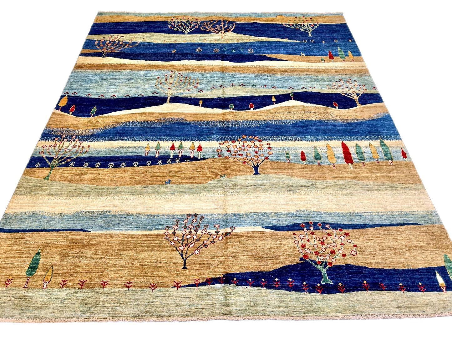 Scenic Afghan Gabbeh (8'00"x9'07") blue/sand/ivory