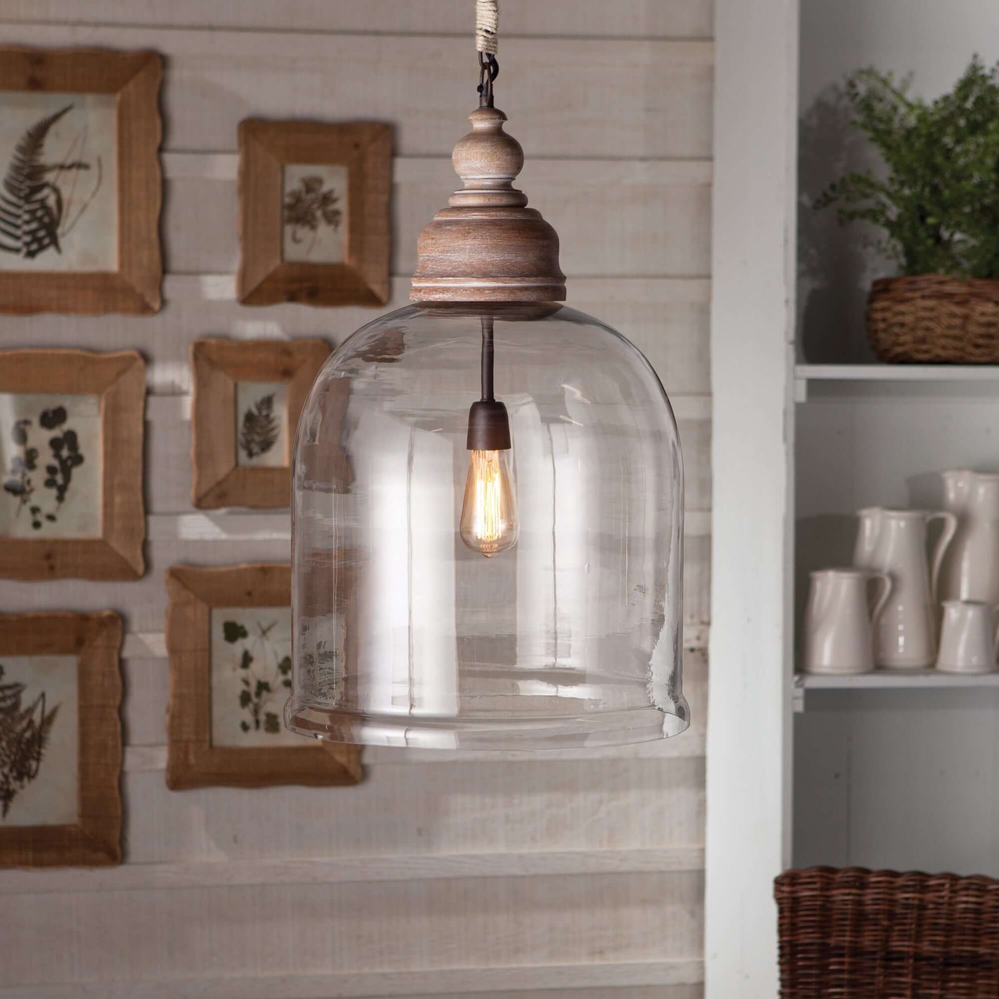Farmhouse Glass Cloche Pendant Light with Rustic Wood Accent - Nuvé
