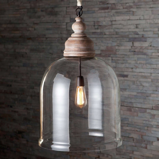 Farmhouse Glass Cloche Pendant Light with Rustic Wood Accent - Nuvé