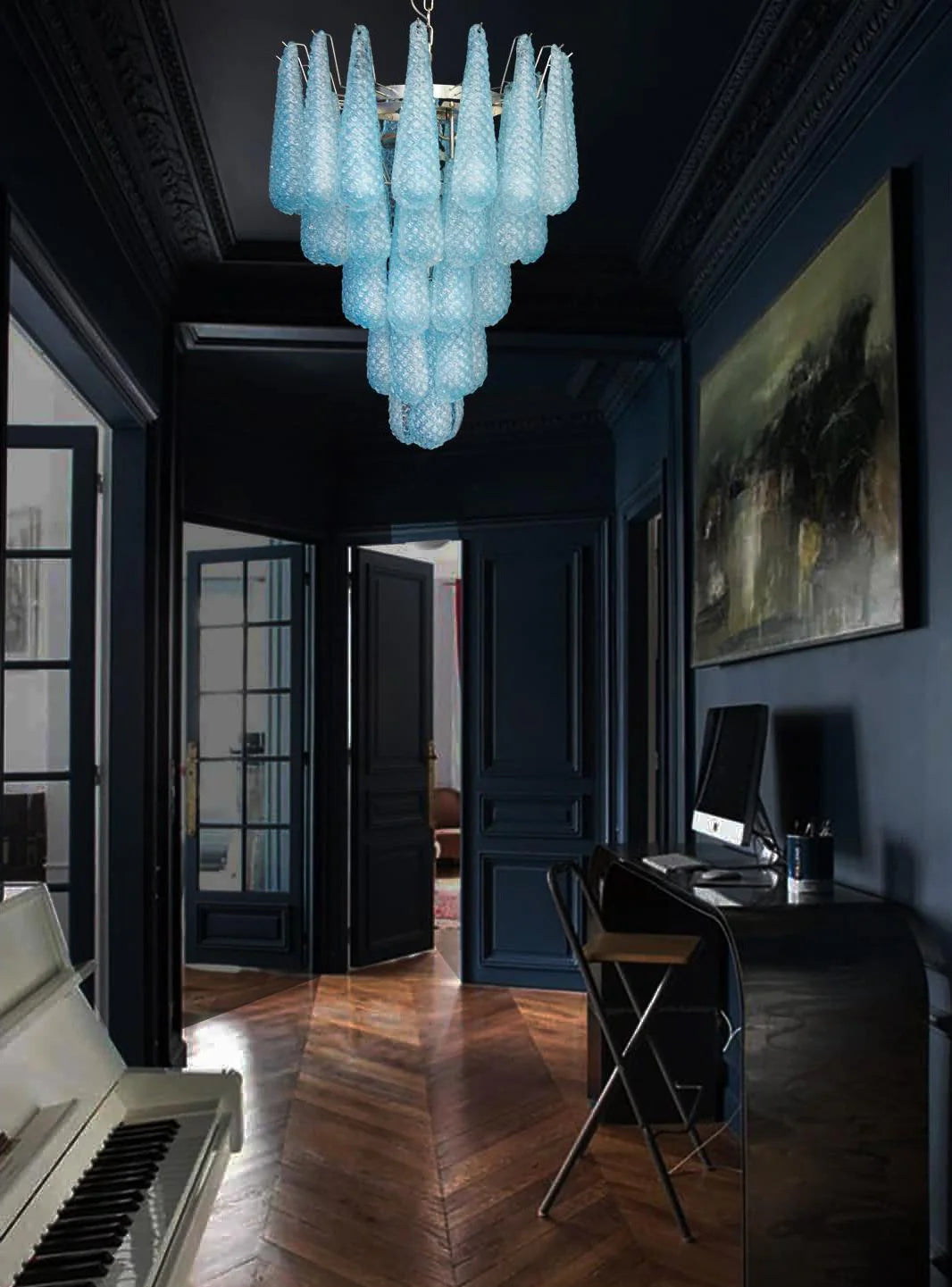 Vintage Murano Blue Petals Drop Glass Chandelier - Nuvé