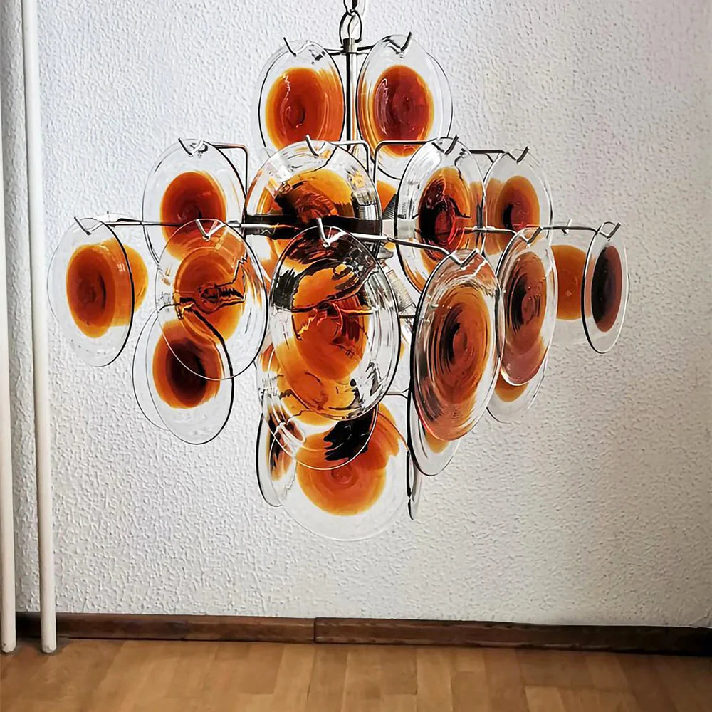 Vintage Murano Orange Brown Transparent Disc Chandelier - Nuvé