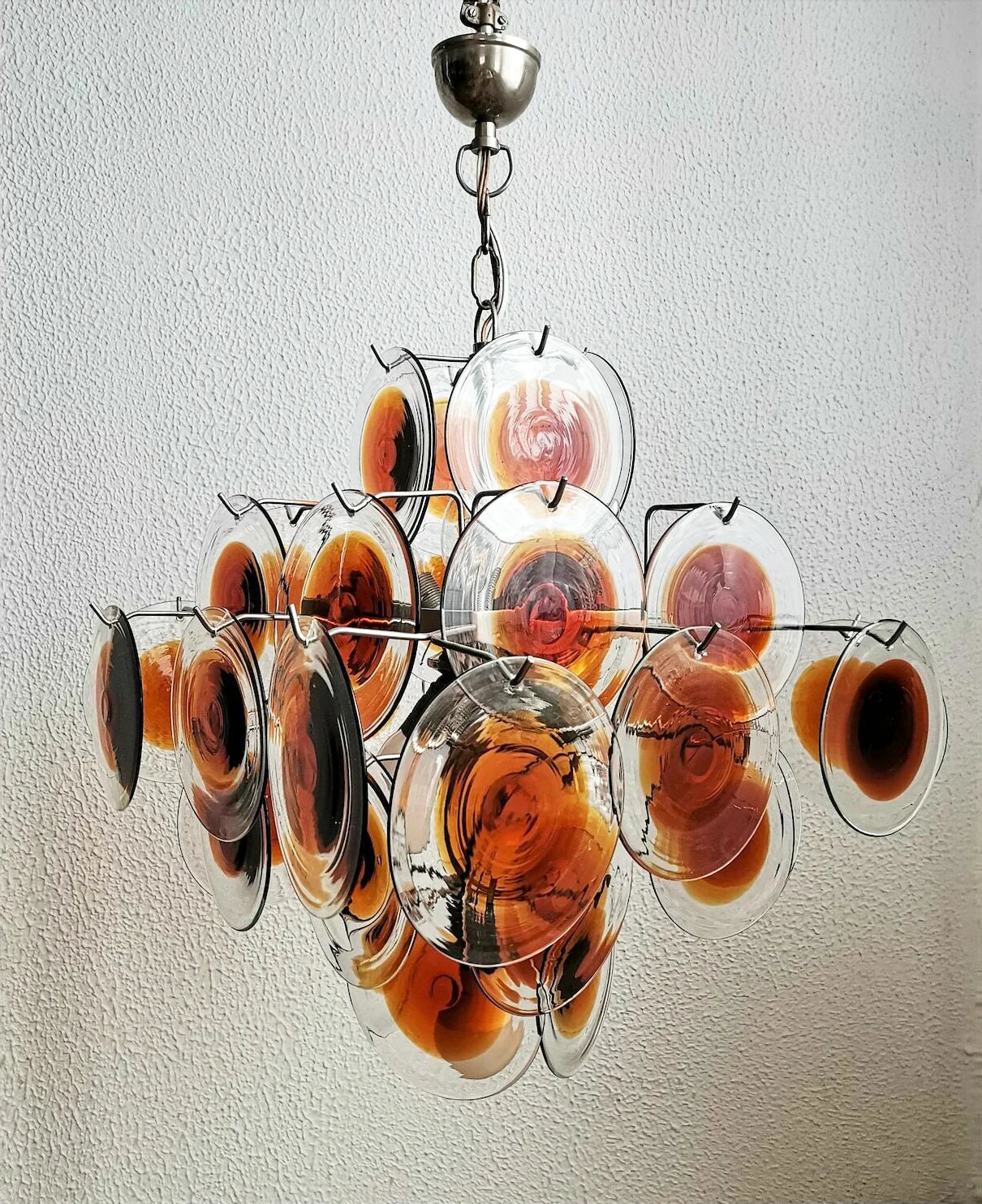Vintage Murano Orange Brown Transparent Disc Chandelier - Nuvé