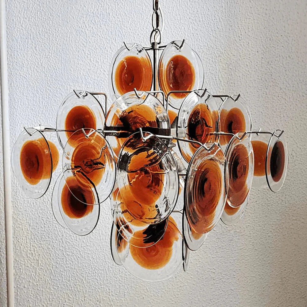 Vintage Murano Orange Brown Transparent Disc Chandelier - Nuvé